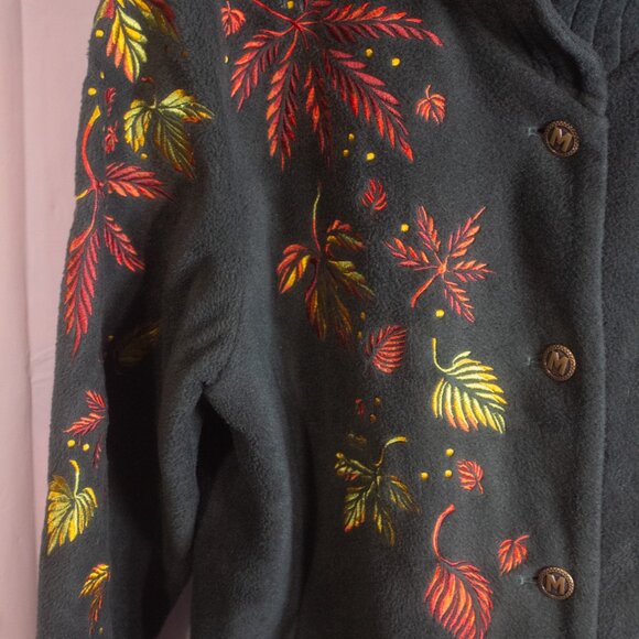 Bob Mackie Wearable Art Jacket Women's Large Green Fleece Fall‎ Autumn Leaves - Picture 4 of 6